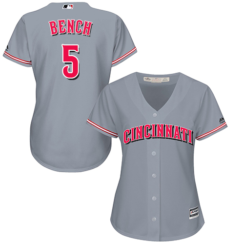Reds #5 Johnny Bench Grey Road Women's Stitched MLB Jersey - Click Image to Close